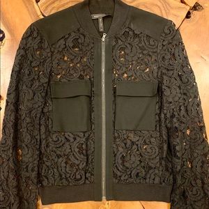 BCBG lace black bomber jacket shirt zipped up